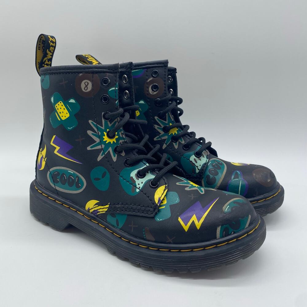 Dr. Martens Junior Black Sticker Print Hightop Boots Combat Hightop Kid size 13